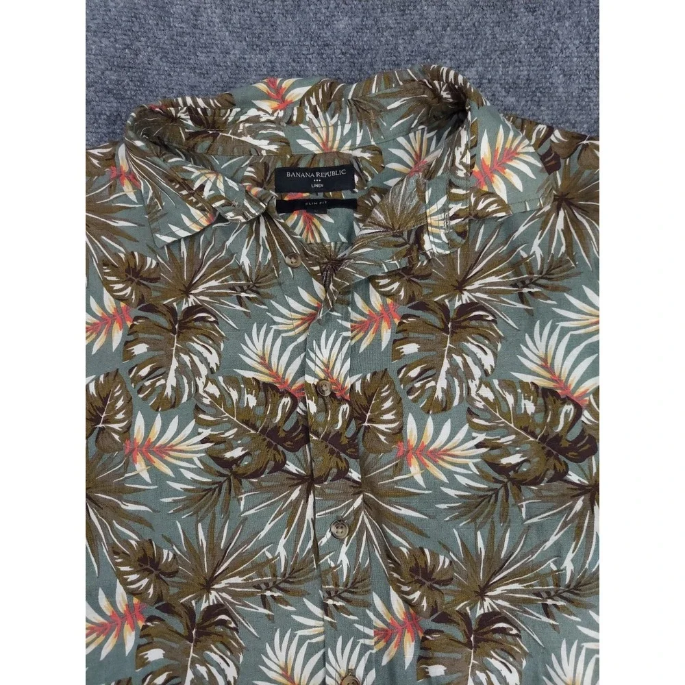 Banana Republic Linen Shirt‎ Mens Large Hawaiian Slim Fit Beach Safari Leaves